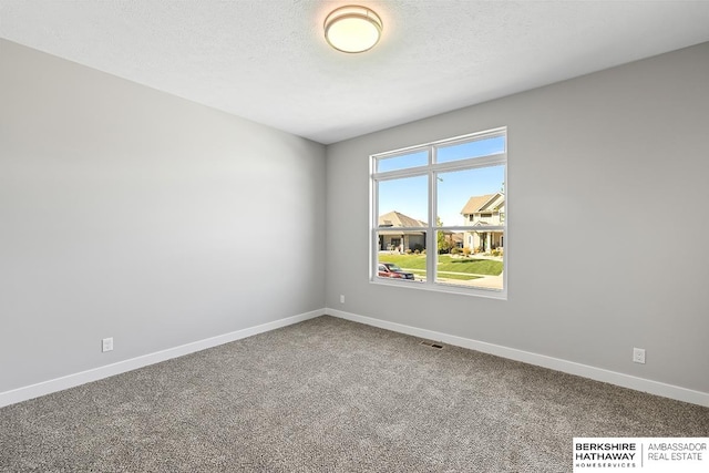 unfurnished room with a textured ceiling and carpet