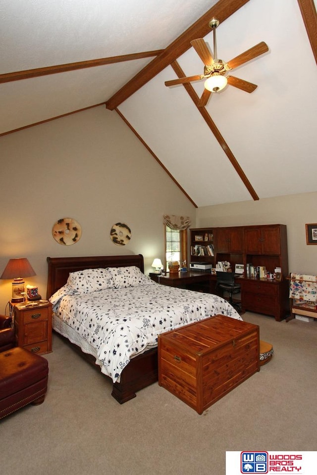 carpeted bedroom featuring beamed ceiling, high vaulted ceiling, and ceiling fan