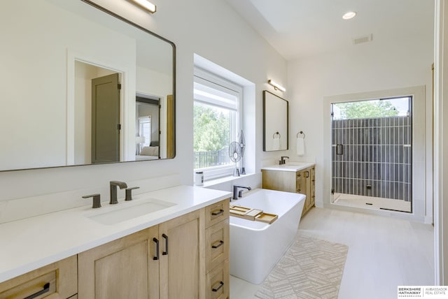 bathroom with vanity and independent shower and bath