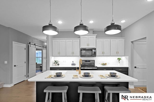 kitchen featuring appliances with stainless steel finishes, a barn door, and an island with sink