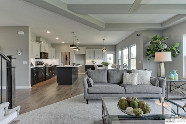 living room with a raised ceiling and light wood-type flooring