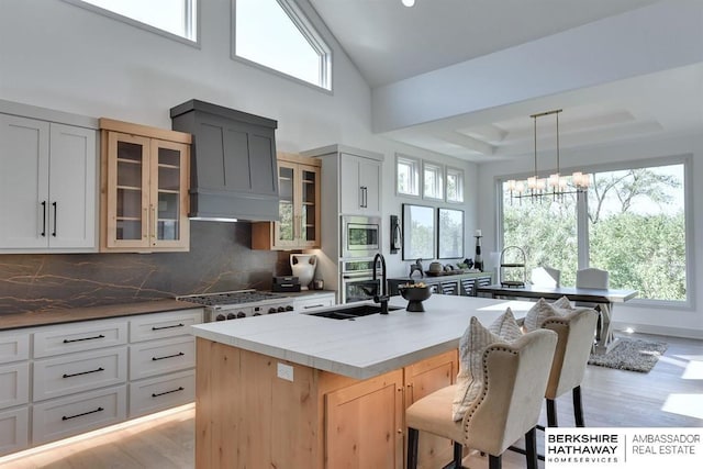 kitchen featuring light wood-type flooring, sink, a wealth of natural light, and an island with sink