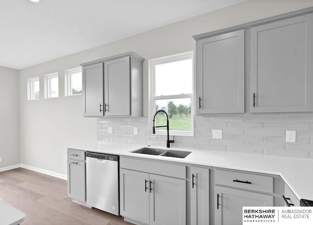 kitchen with gray cabinets, dishwasher, sink, decorative backsplash, and light hardwood / wood-style flooring