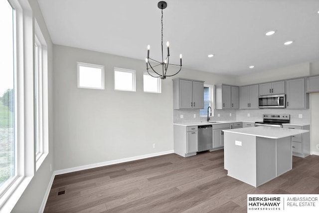 kitchen featuring sink, appliances with stainless steel finishes, gray cabinetry, tasteful backsplash, and a kitchen island