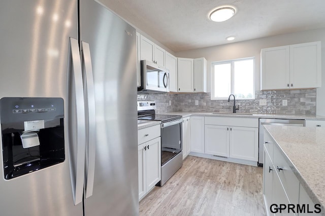 kitchen featuring white cabinetry, sink, decorative backsplash, light stone counters, and stainless steel appliances