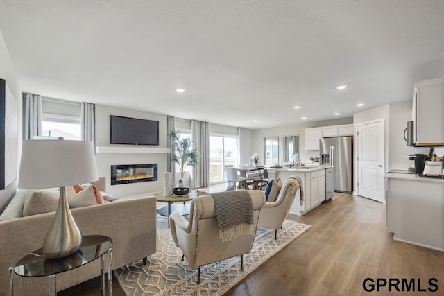 living room with sink and light hardwood / wood-style flooring