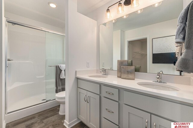 bathroom featuring wood-type flooring, toilet, vanity, and walk in shower