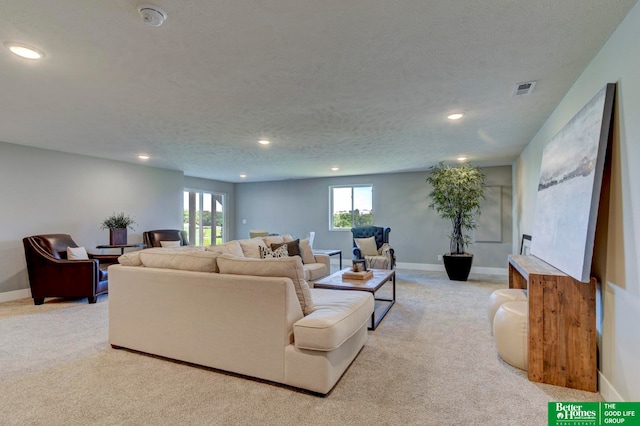 carpeted living room with a textured ceiling