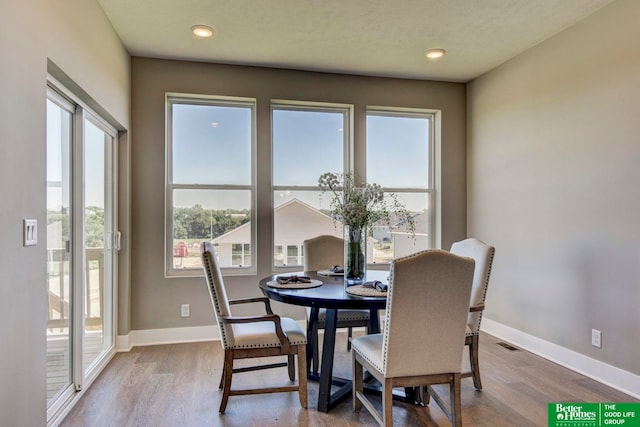 dining space with hardwood / wood-style flooring