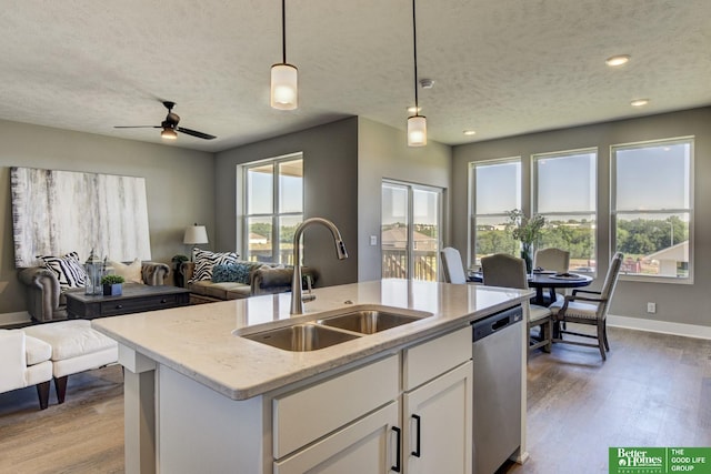 kitchen with stainless steel dishwasher, open floor plan, wood finished floors, and a sink