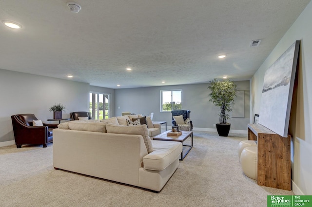 living room featuring baseboards, a textured ceiling, and light colored carpet