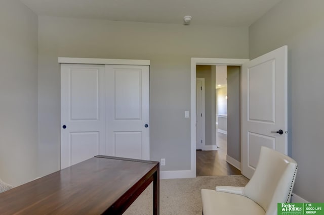 office area featuring baseboards and carpet floors