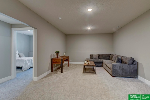 living room featuring a textured ceiling and light colored carpet