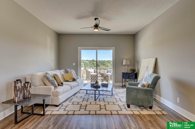 living room with ceiling fan and hardwood / wood-style floors