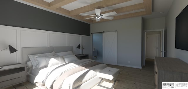 22742 Sanctuary Ridge Dr, Elkhorn, NE 68022 - bedroom with beamed ceiling, ceiling fan, a barn door, and light hardwood / wood-style floors