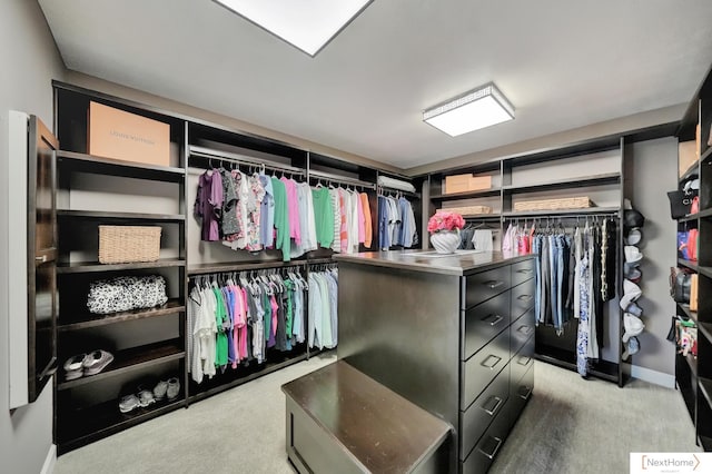 walk in closet with light carpet