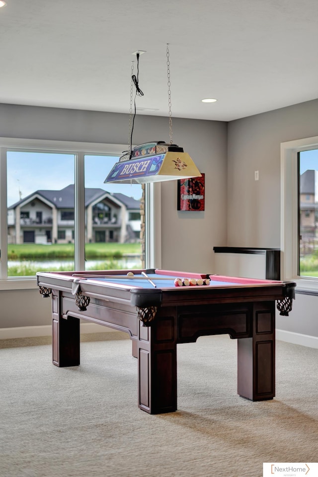 rec room featuring light carpet and billiards