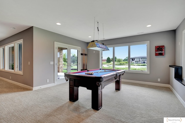 game room with light colored carpet and billiards