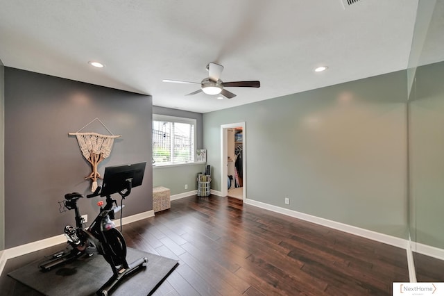 workout room with ceiling fan and dark hardwood / wood-style flooring