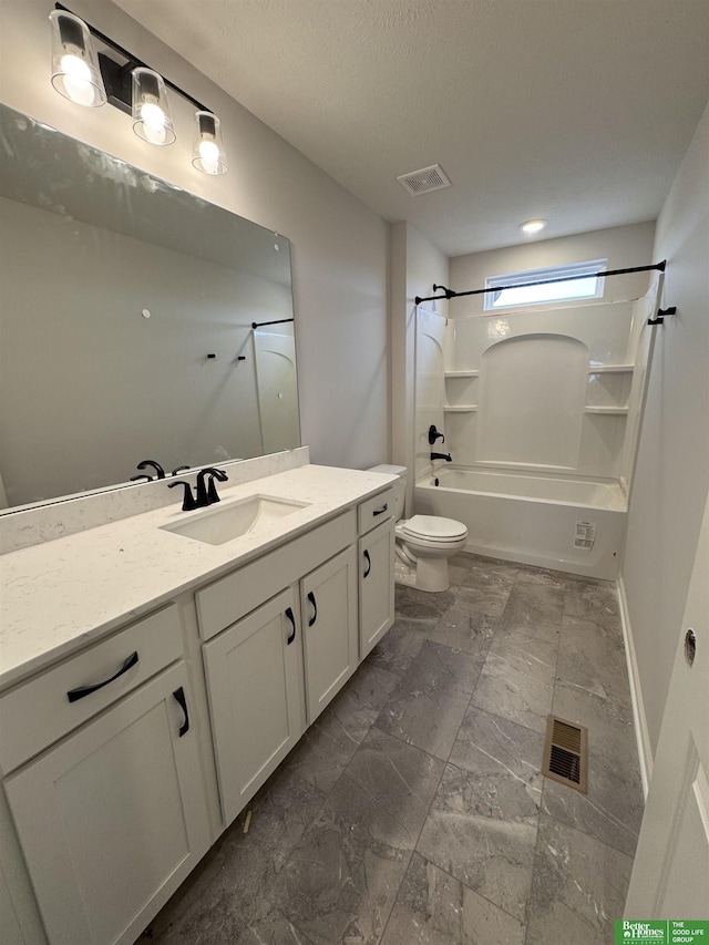 full bathroom featuring shower / tub combination, vanity, and toilet