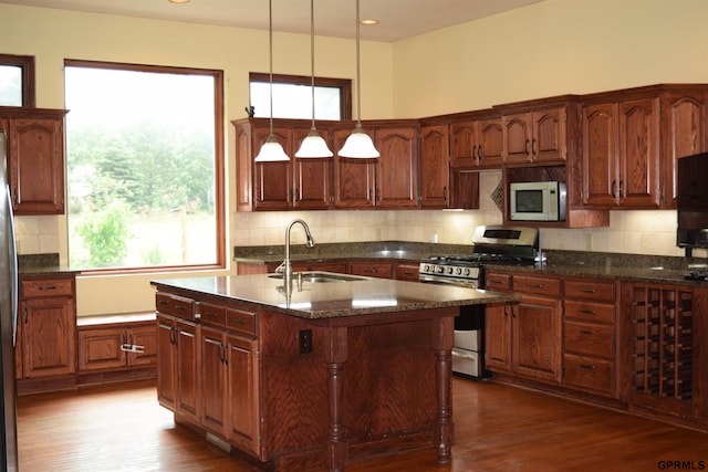 kitchen with stainless steel appliances, wood-type flooring, sink, and pendant lighting