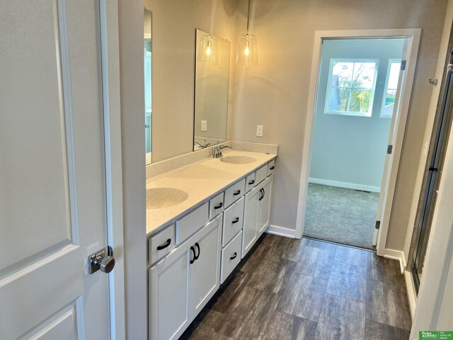 full bathroom featuring double vanity, baseboards, wood finished floors, and a shower with door