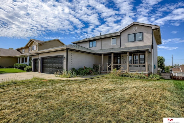 view of front of house featuring a porch, a garage, and a front yard