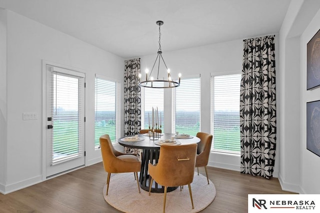 dining room with a notable chandelier, a healthy amount of sunlight, and hardwood / wood-style floors