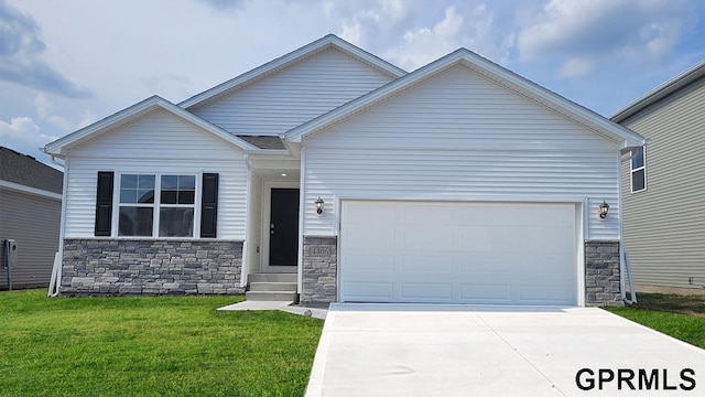 view of front of property featuring a garage, stone siding, concrete driveway, and a front yard