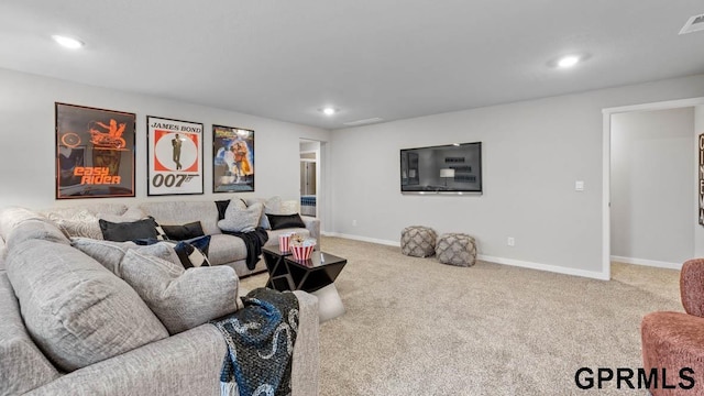 living room featuring light carpet