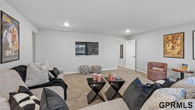 living room featuring light carpet