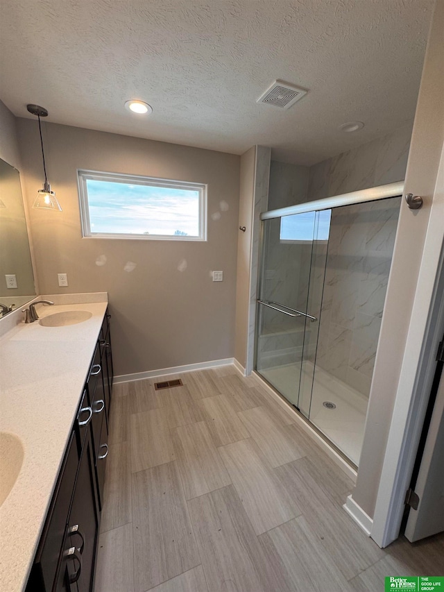 bathroom featuring vanity, a textured ceiling, and walk in shower