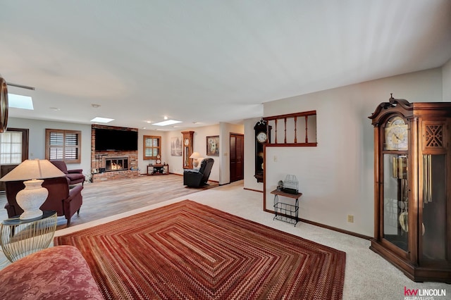 living room with light carpet and a brick fireplace