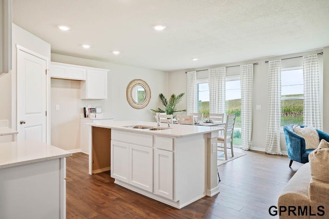 kitchen featuring white cabinetry, sink, a center island with sink, and dark wood-type flooring