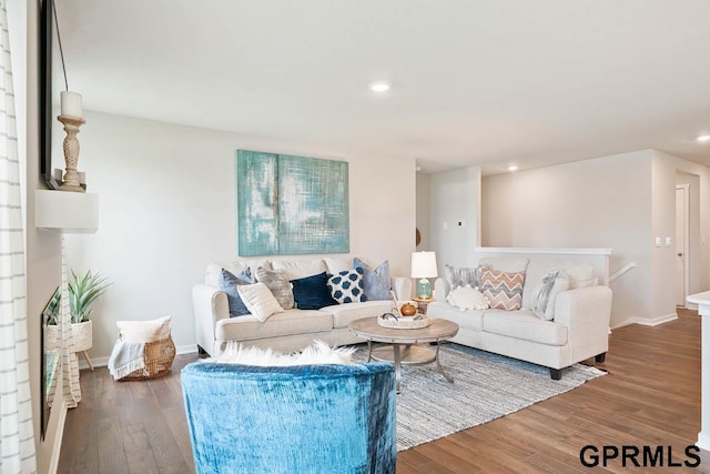 living room with dark hardwood / wood-style flooring