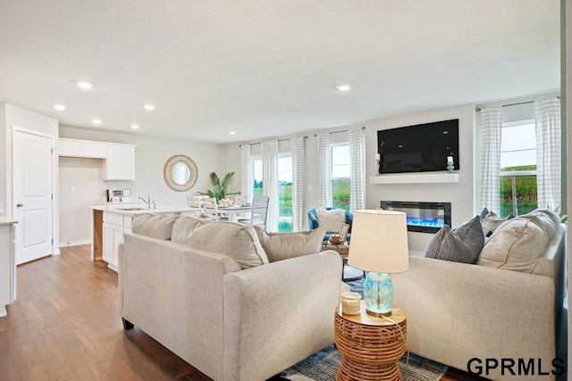 living room featuring a healthy amount of sunlight, sink, and hardwood / wood-style floors