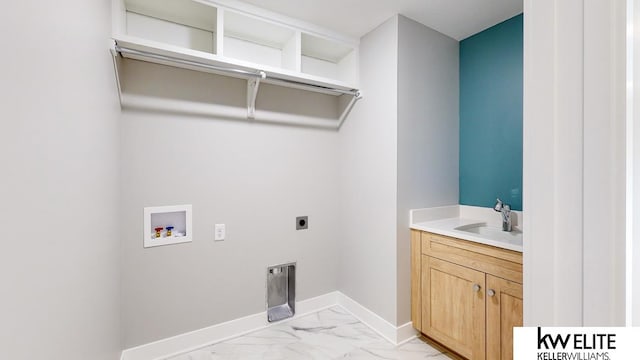 clothes washing area featuring light tile patterned flooring, electric dryer hookup, sink, and hookup for a washing machine