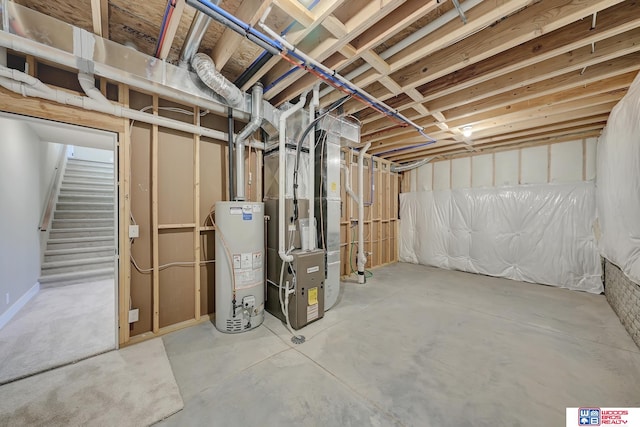 basement with water heater and heating unit