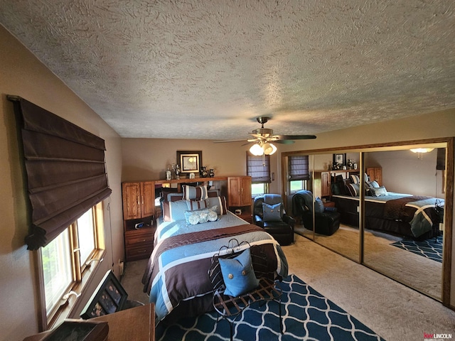 bedroom featuring ceiling fan, multiple windows, carpet, and a textured ceiling