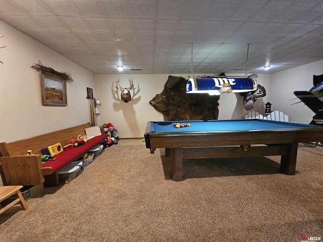 game room with billiards and carpet