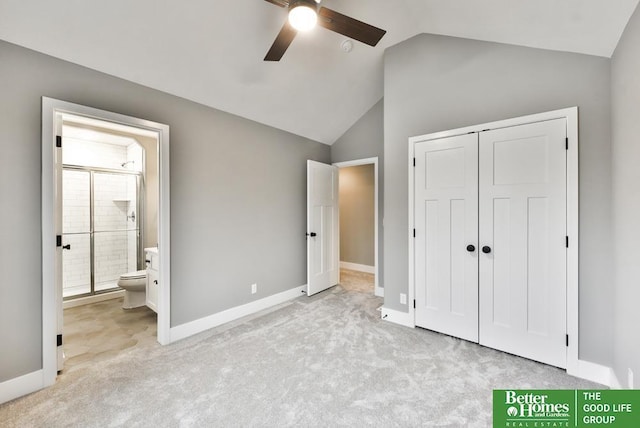 19058 Camelback Cir, Gretna, NE 68136 - unfurnished bedroom featuring vaulted ceiling, connected bathroom, light carpet, and a closet