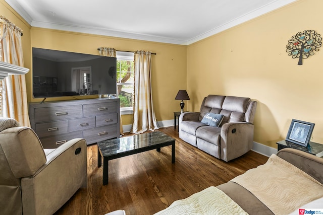 living room featuring crown molding and dark hardwood / wood-style floors