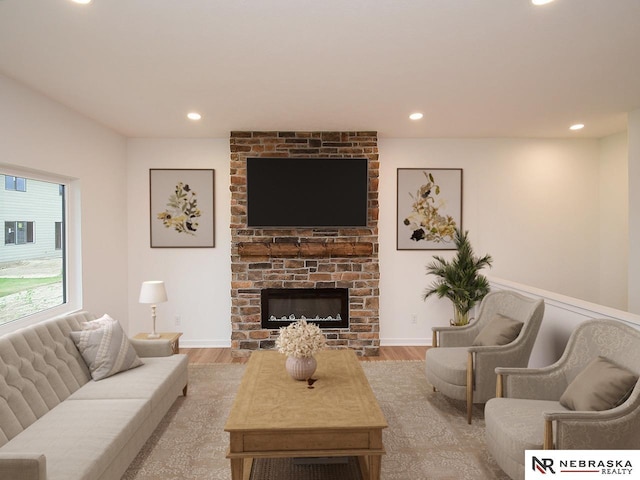 living room featuring a fireplace and light wood-type flooring