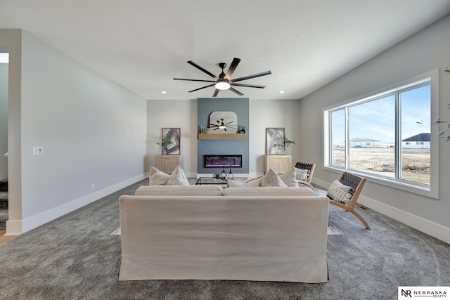 living room featuring light carpet and ceiling fan