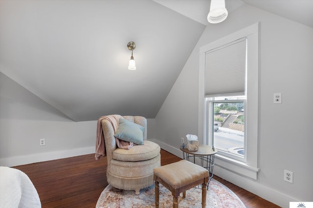 living area with dark hardwood / wood-style floors and vaulted ceiling