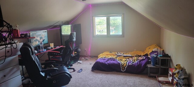 bedroom with lofted ceiling and carpet floors