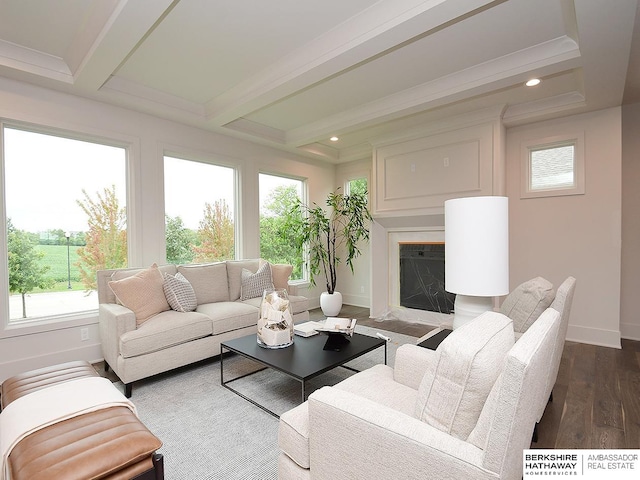 living room with beam ceiling and hardwood / wood-style flooring