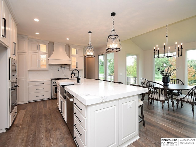 kitchen with dark hardwood / wood-style floors, decorative backsplash, appliances with stainless steel finishes, a kitchen island with sink, and premium range hood