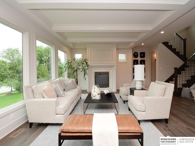 living room featuring beam ceiling and dark hardwood / wood-style flooring