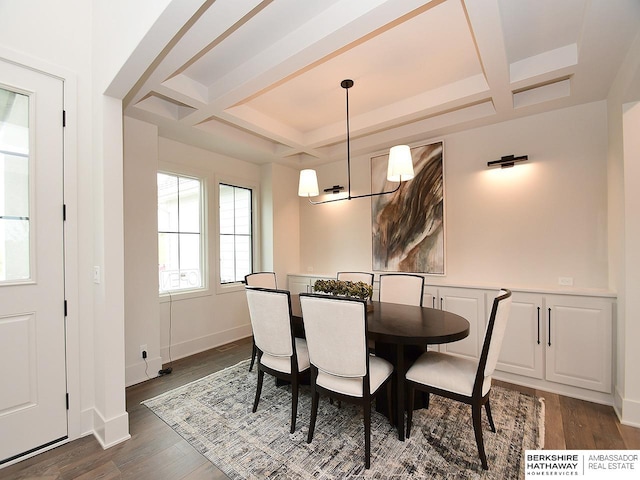 dining room with coffered ceiling and dark wood-type flooring